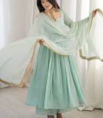seagreen georgette lace anarkali pant dupatta set