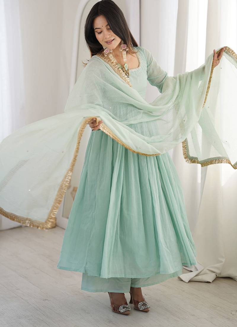 seagreen georgette lace anarkali pant dupatta set
