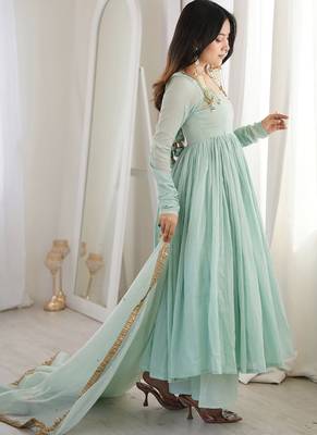 seagreen georgette lace anarkali pant dupatta set 2