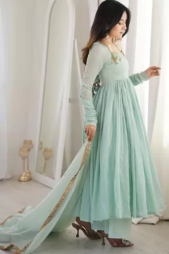 seagreen georgette lace anarkali pant dupatta set
