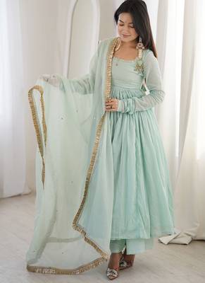 seagreen georgette lace anarkali pant dupatta set 3