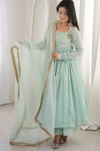 seagreen georgette lace anarkali pant dupatta set