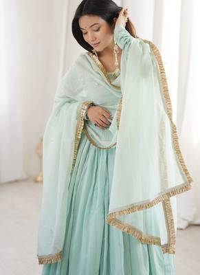 seagreen georgette lace anarkali pant dupatta set 4