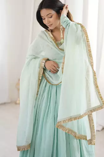 seagreen georgette lace anarkali pant dupatta set