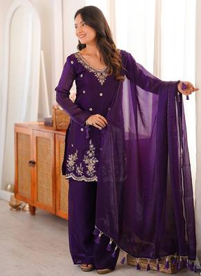 purple silk blend embroidered sequin & thread kurta palazzo dupatta set 1