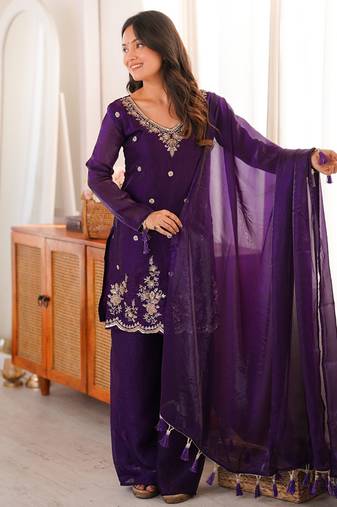 purple silk blend embroidered sequin & thread kurta palazzo dupatta set