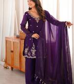 purple silk blend embroidered sequin & thread kurta palazzo dupatta set