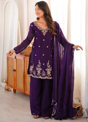 purple silk blend embroidered sequin & thread kurta palazzo dupatta set 2