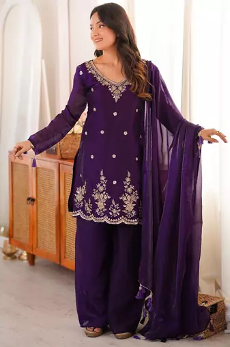 purple silk blend embroidered sequin & thread kurta palazzo dupatta set