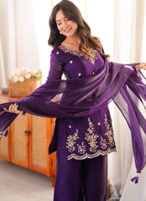 purple silk blend embroidered sequin & thread kurta palazzo dupatta set 3