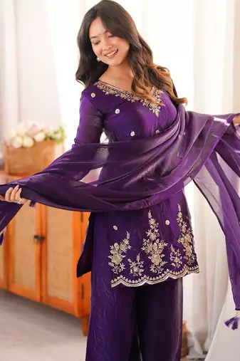 purple silk blend embroidered sequin & thread kurta palazzo dupatta set