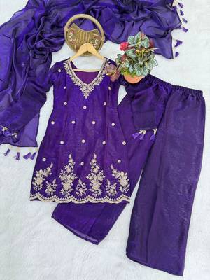 purple silk blend embroidered sequin & thread kurta palazzo dupatta set 4