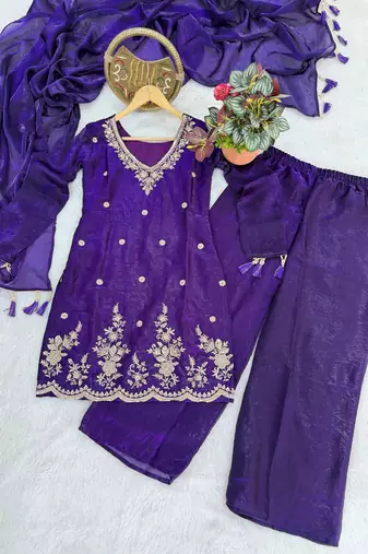 purple silk blend embroidered sequin & thread kurta palazzo dupatta set