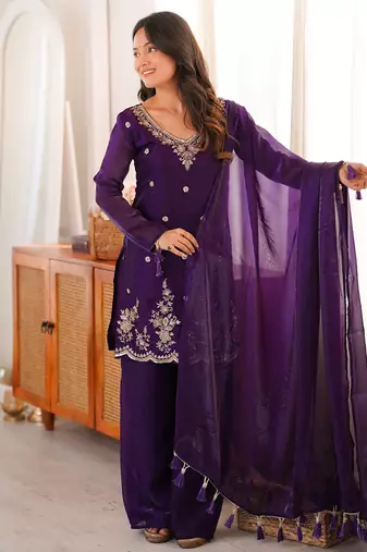 purple silk blend embroidered sequin & thread kurta palazzo dupatta set