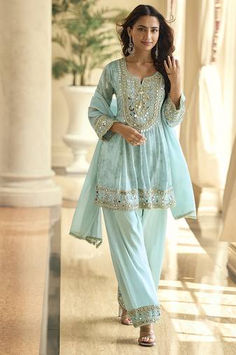 skyblue silk blend digital printed kurta pant dupatta set