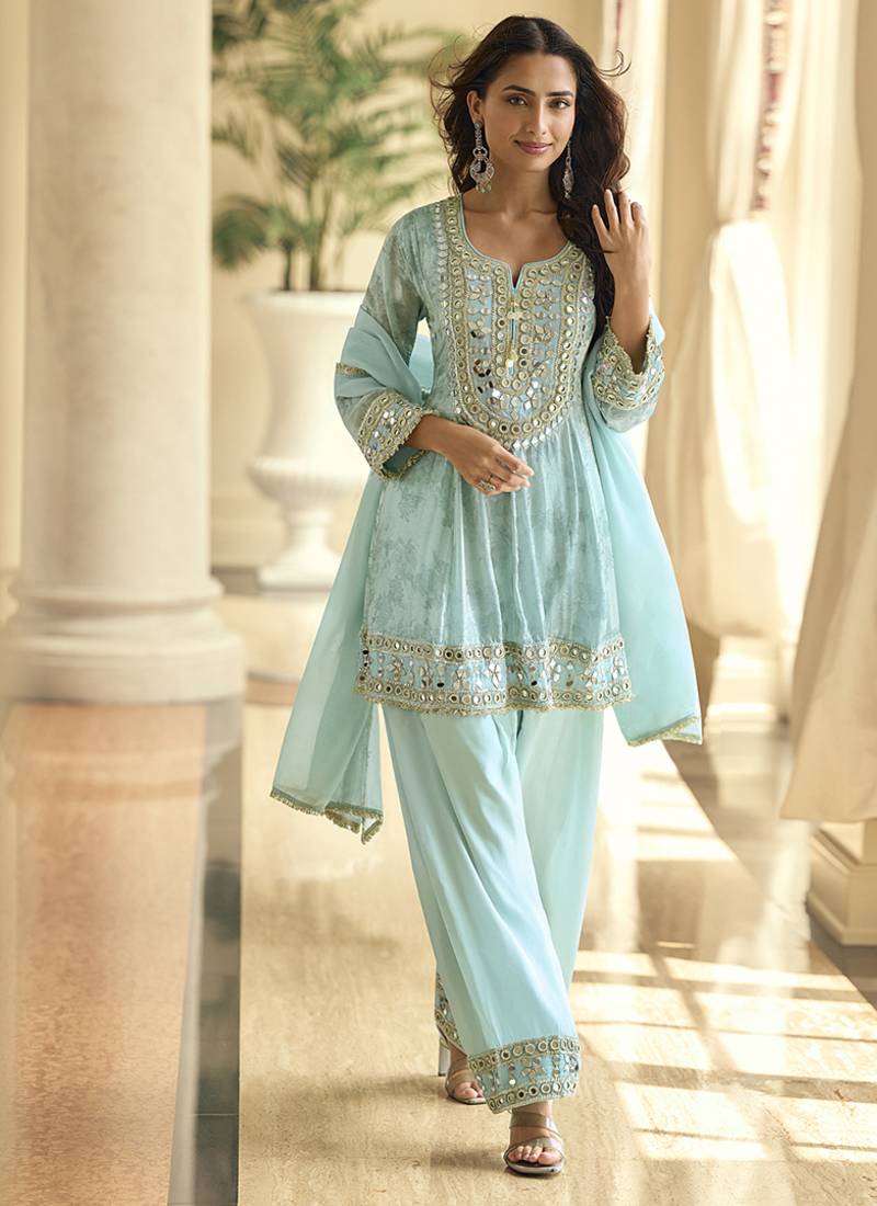 skyblue silk blend digital printed kurta pant dupatta set