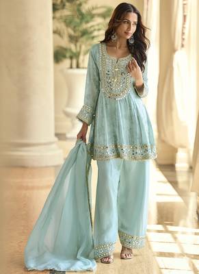 skyblue silk blend digital printed kurta pant dupatta set 2