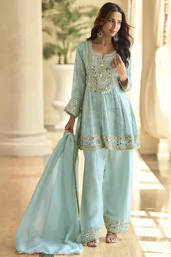 skyblue silk blend digital printed kurta pant dupatta set