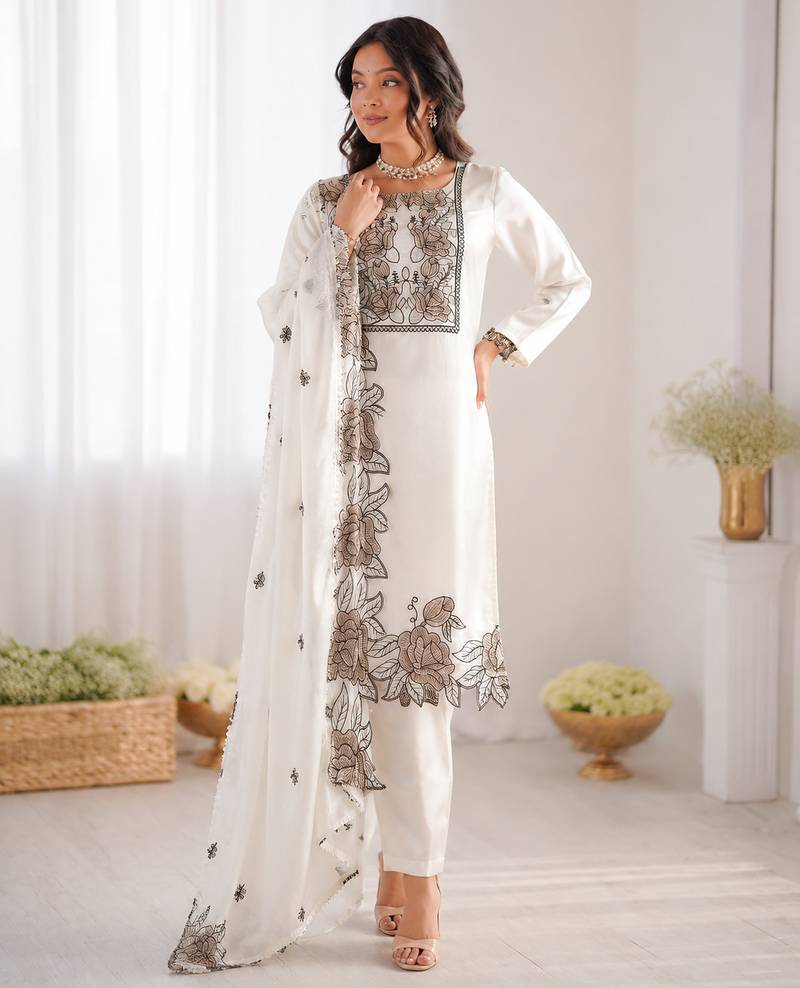 Off white art silk thread work salwar suit