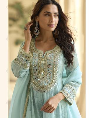 skyblue silk blend digital printed kurta pant dupatta set 3