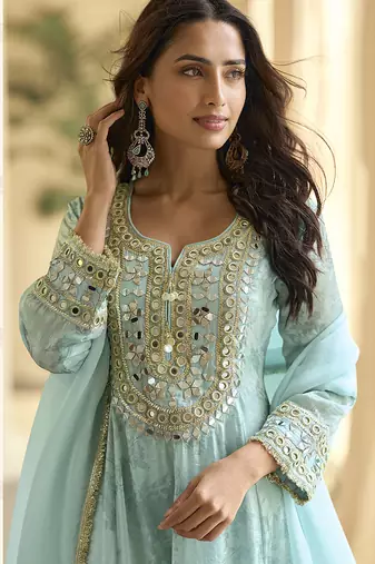skyblue silk blend digital printed kurta pant dupatta set