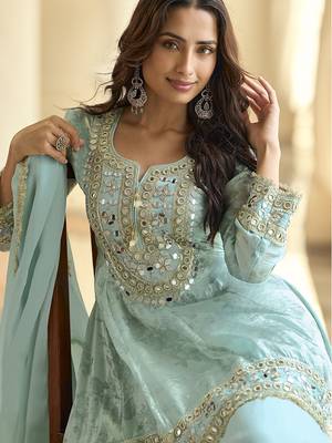 skyblue silk blend digital printed kurta pant dupatta set 4