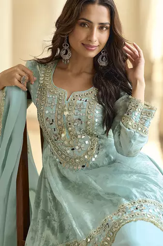 skyblue silk blend digital printed kurta pant dupatta set