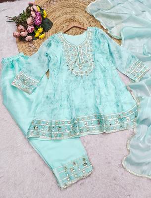 skyblue silk blend digital printed kurta pant dupatta set 5