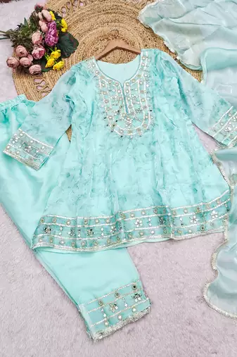 skyblue silk blend digital printed kurta pant dupatta set