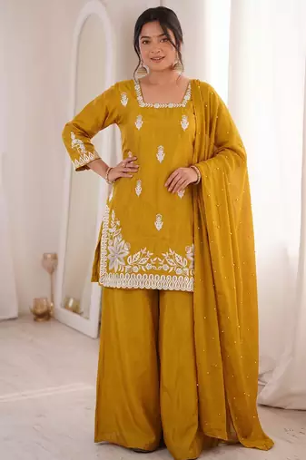 mustard silk blend sequins embroidered kurta palazzo dupatta set