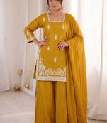 mustard silk blend sequins embroidered kurta palazzo dupatta set