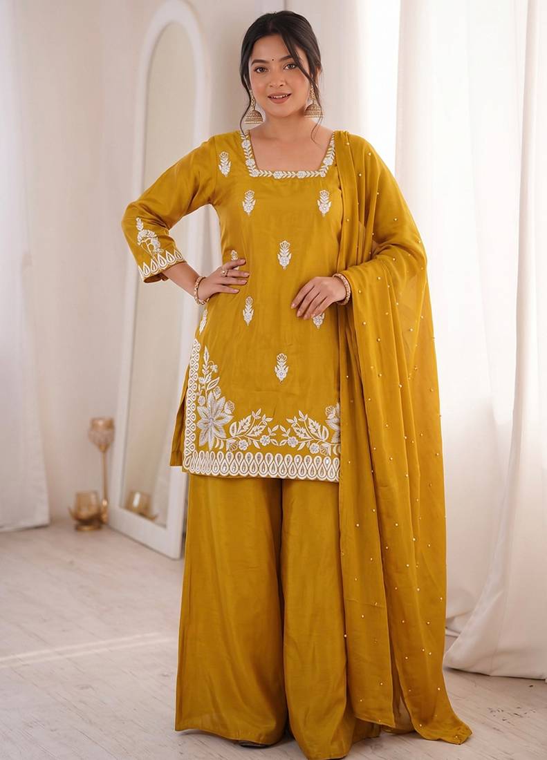 mustard silk blend sequins embroidered kurta palazzo dupatta set