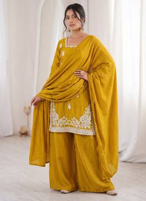 mustard silk blend sequins embroidered kurta palazzo dupatta set 5
