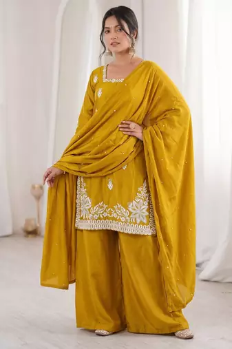 mustard silk blend sequins embroidered kurta palazzo dupatta set