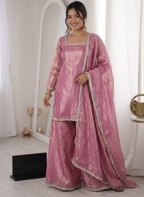 pink satin with lace border kurta palazzo dupatta set 5
