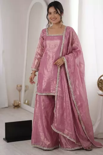 pink satin with lace border kurta palazzo dupatta set