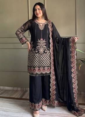 black georgette embroidered sequin kurta palazzo dupatta set 4