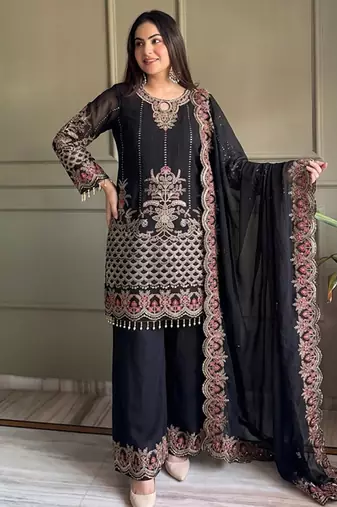 black georgette embroidered sequin kurta palazzo dupatta set
