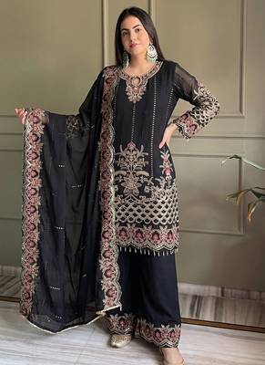 black georgette embroidered sequin kurta palazzo dupatta set 5