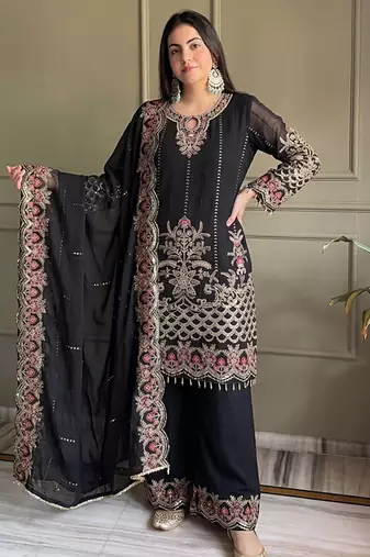 black georgette embroidered sequin kurta palazzo dupatta set