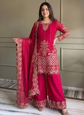 rani pink georgette embroidered sequin kurta palazzo dupatta set 5