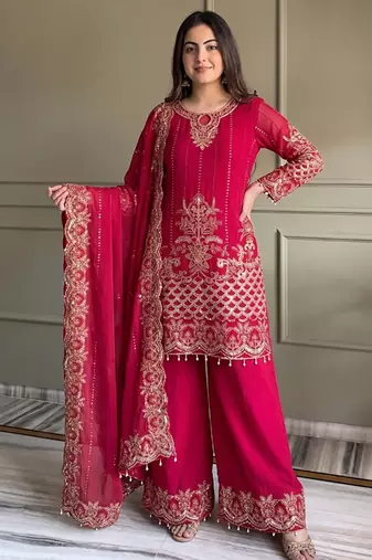 rani pink georgette embroidered sequin kurta palazzo dupatta set