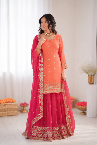 Peach georgette thtead embroidered palazzo suit