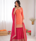 Peach georgette thtead embroidered palazzo suit