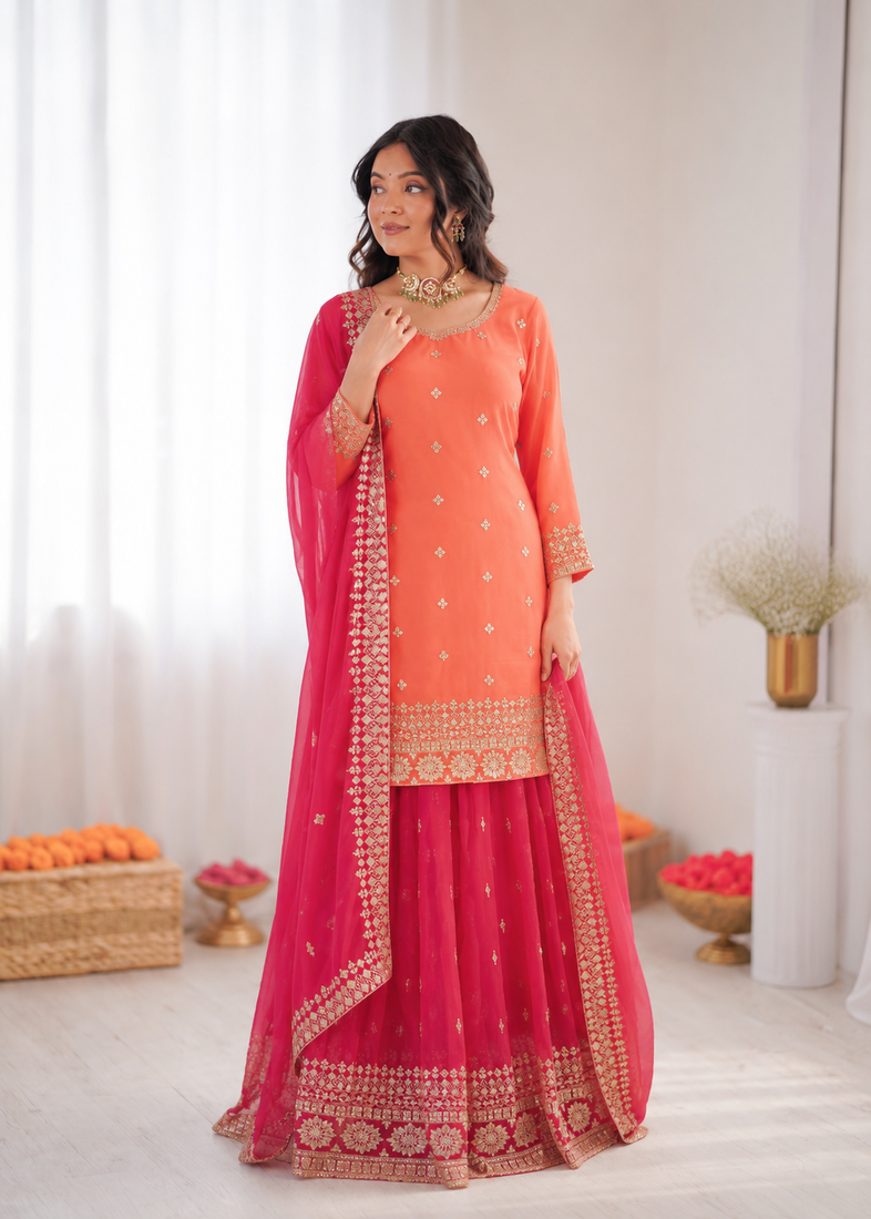 Peach georgette thtead embroidered palazzo suit