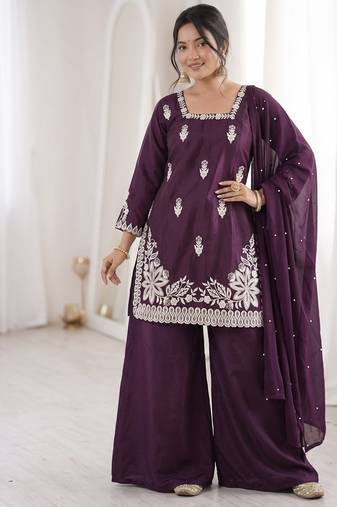 wine silk blend sequins embroidered kurta palazzo dupatta set