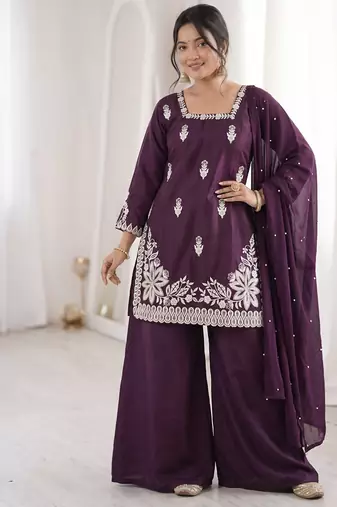 wine silk blend sequins embroidered kurta palazzo dupatta set