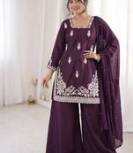 wine silk blend sequins embroidered kurta palazzo dupatta set
