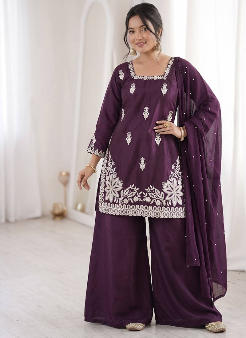 wine silk blend sequins embroidered kurta palazzo dupatta set