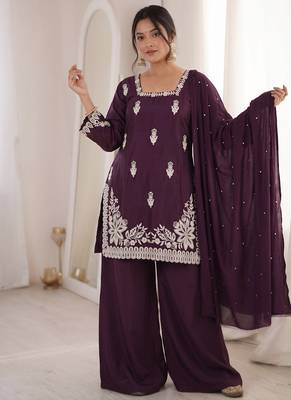 wine silk blend sequins embroidered kurta palazzo dupatta set 2